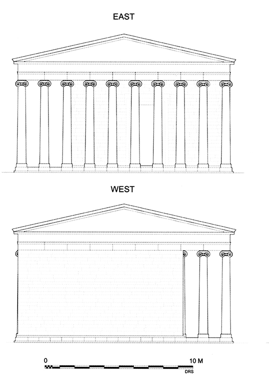 Figure 3 : temple d’Athéna, restitution des façades Est et Ouest (BAB, p. 160, fig. 174).