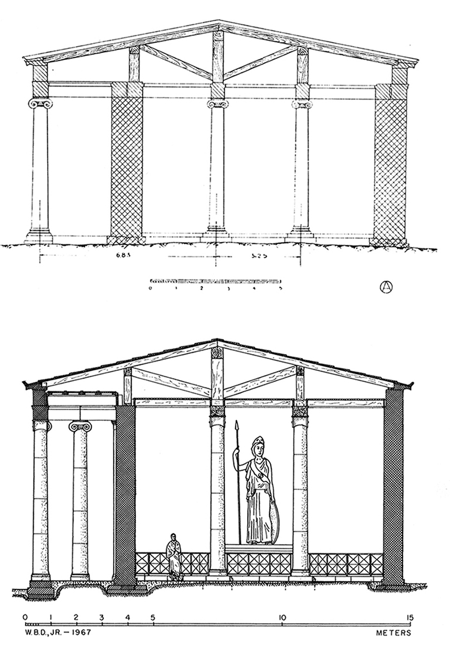 Figure 4 : temple d’Athéna, coupe Sud-Nord et restitution des charpentes : en haut selon Orlandos, Staïs 1917, p. 7 ; en bas, selon W. B. Dinsmoor, Jr (BAB, p. 101, fig. 102‑103)