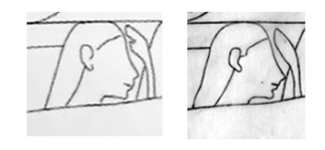 Dessin de la stèle égypto-carienne provenant de Saqqarah, personnages masculin présent derrière la défunte sur le registre du bas